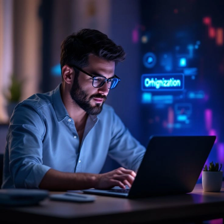 this is an image of a freelance digital marketer in Muscat working late at night on laptop to finish his deadlines