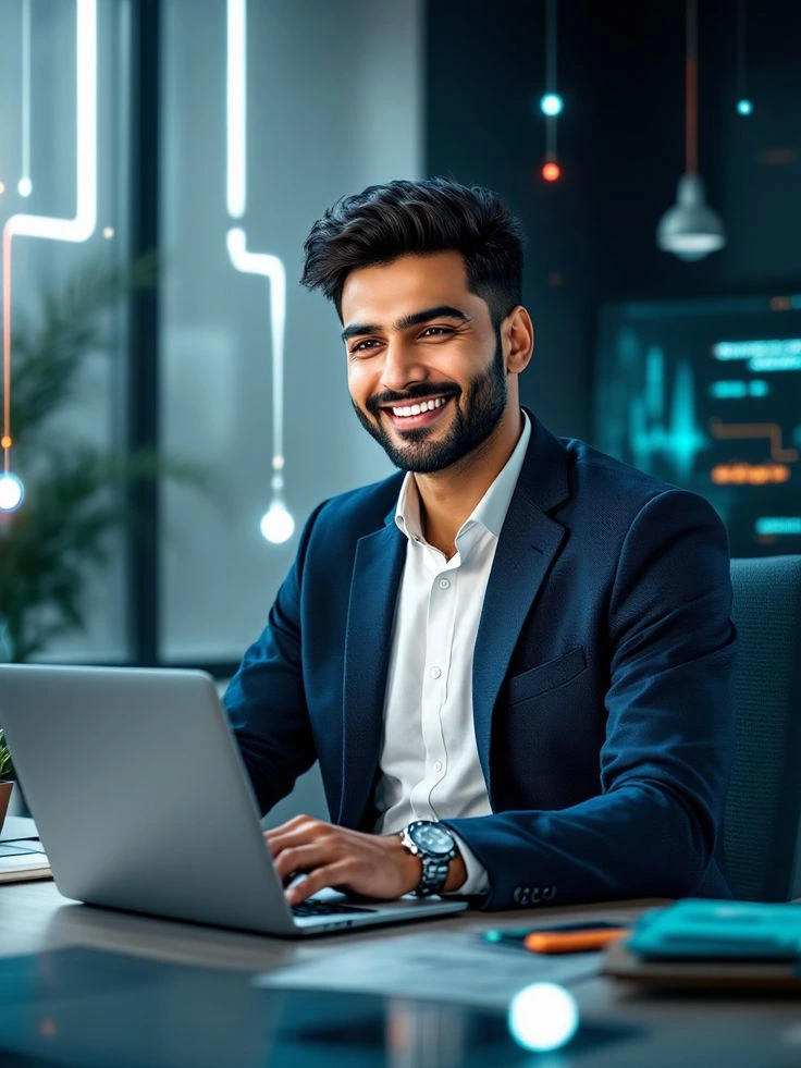 this is a very happy and confident freelance digital marketer in Muscat who is on a google meet currently working with his client