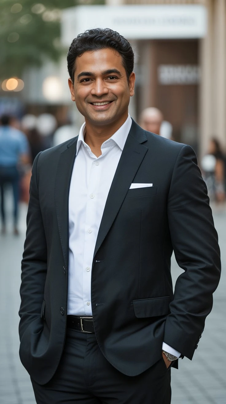 this is an image of rahul wearing a classy suit and giving a genuine smile who is a freelance digital marketer in Muscat
